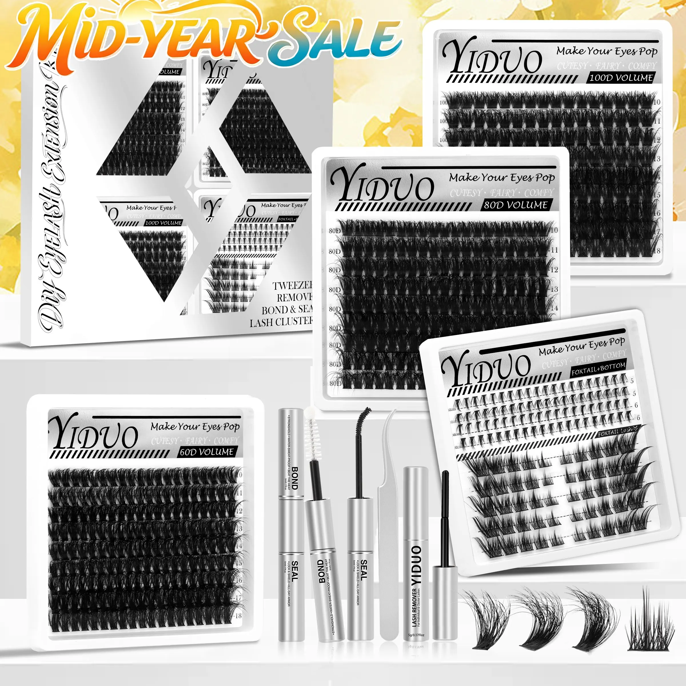 YIDUO 5 Styles Cluster Lash Kit｜60D /80D / 100D/Foxtail & Bottom Lashes, 5-16mm D Curl DIY Eyelash Extensions, False Eyelashes Set, Includes Lash Bond&Seal, Remover & Tweezers, Volume Eyelash Clusters