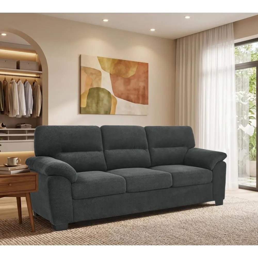 3-Seater Upholstered Modern Sofa - Dark Gray Textured Fabric Minimalist Settee with Sturdy Frame, Comfy Indoor Living Room Furniture