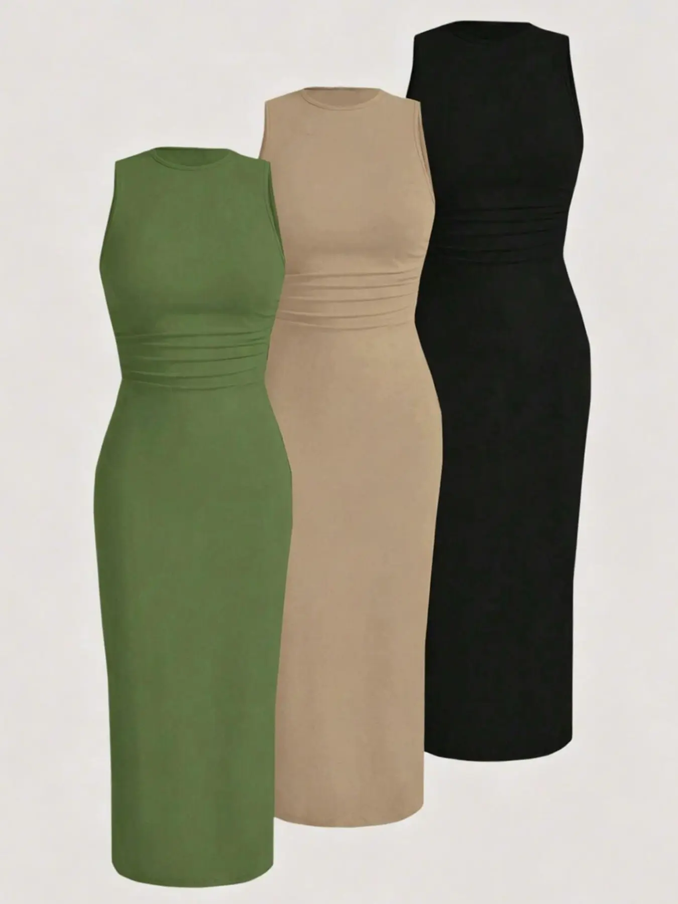 3 Pcs Women Crew Neck Sleeveless Bodycon Midi Dress Set, Waist Ruched Slim Fit Stretch Tank Dress, Multi Color, Minimalist, Basic Outfit for Daily Commute, Beach Vacation, Date Night, Shopping & Weekend Casual Events
