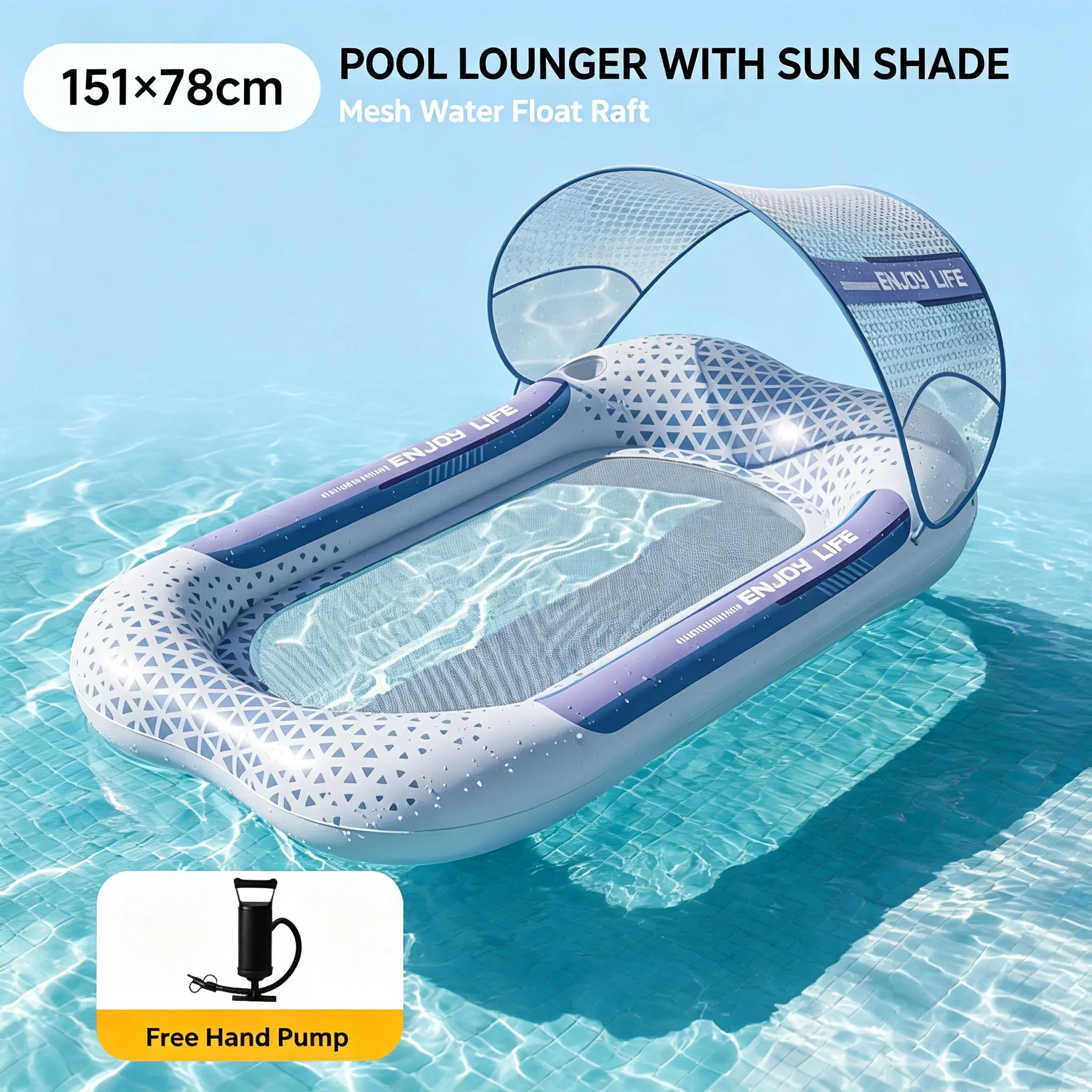 Adult Foldable PVC Inflatable Water Float Bed with Sun Canopy, Outdoor Beach Lounge Lazy Drift Boat, Swimming Pool Floating Raft pool party hammock