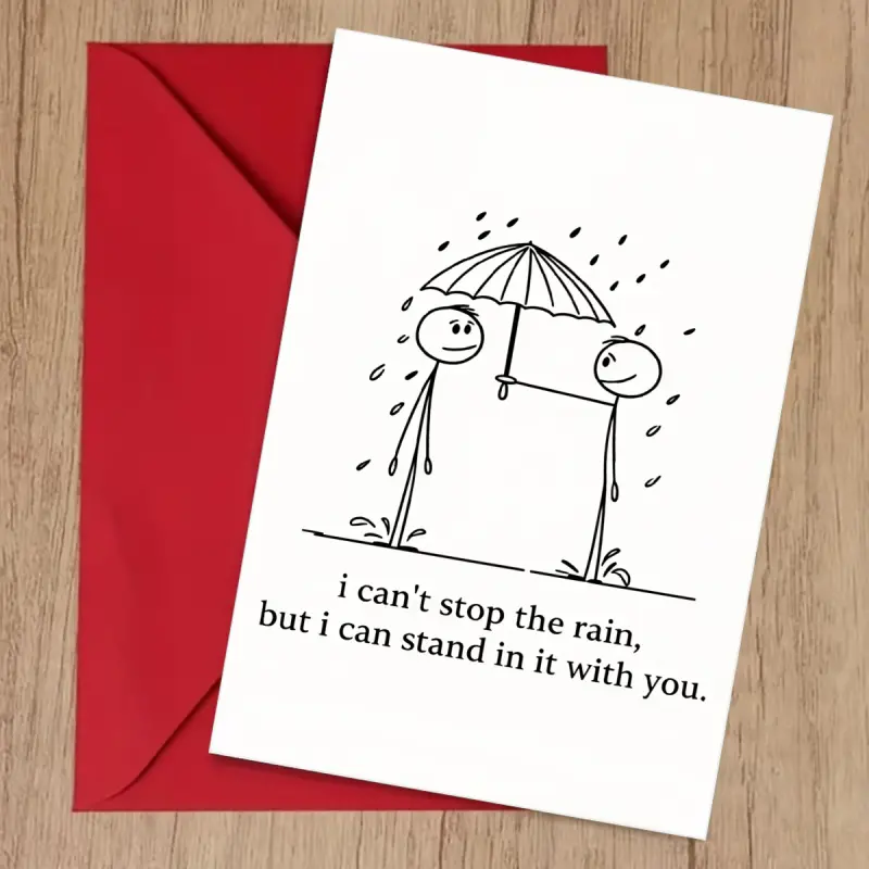 A blank emotional greeting card with an envelope, featuring a stickman holding an umbrella with the words "I can't stop the rain, but I can accompany you in the rain." It is suitable for gifting to a partner, close friend, or to comfort someone, with Vale