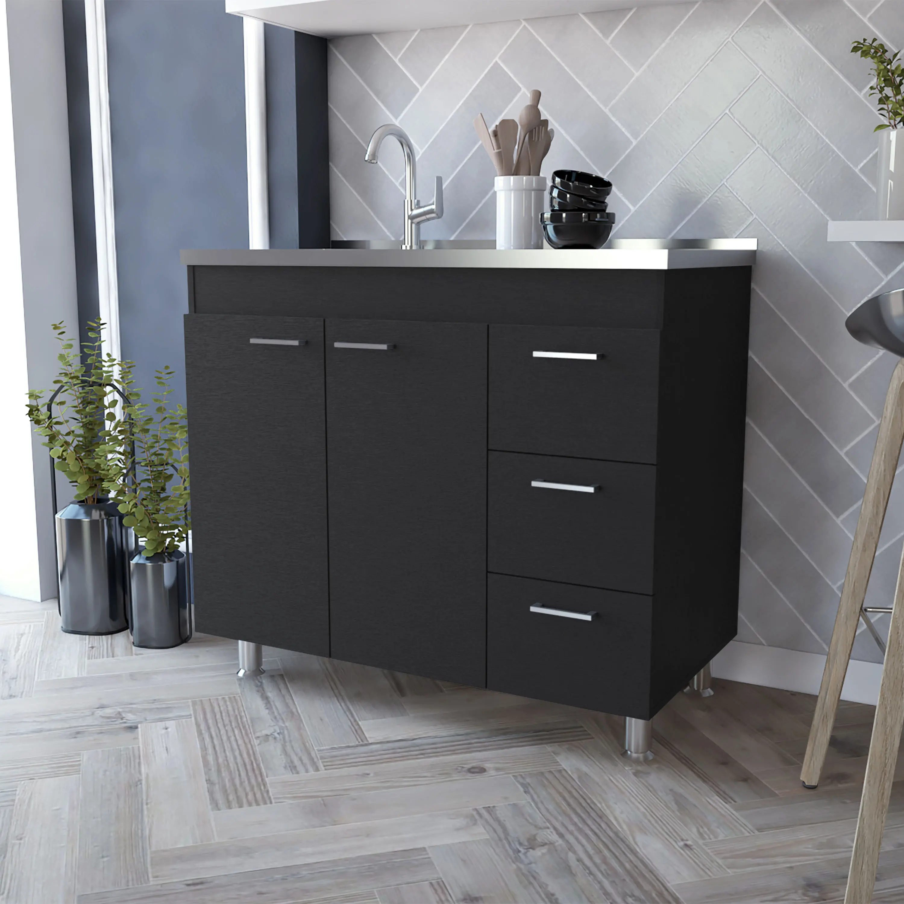 Nokaa Melamine Sideboard Cabinet with Stainless Steel Top, 3 Drawers and 2-Door Storage, Black Contemporary Kitchen Dining Room Cupboard, 39.3W x 20.6D x 35.4H in, 93 lb, Particle Board Core, Black Color, Melamine Material