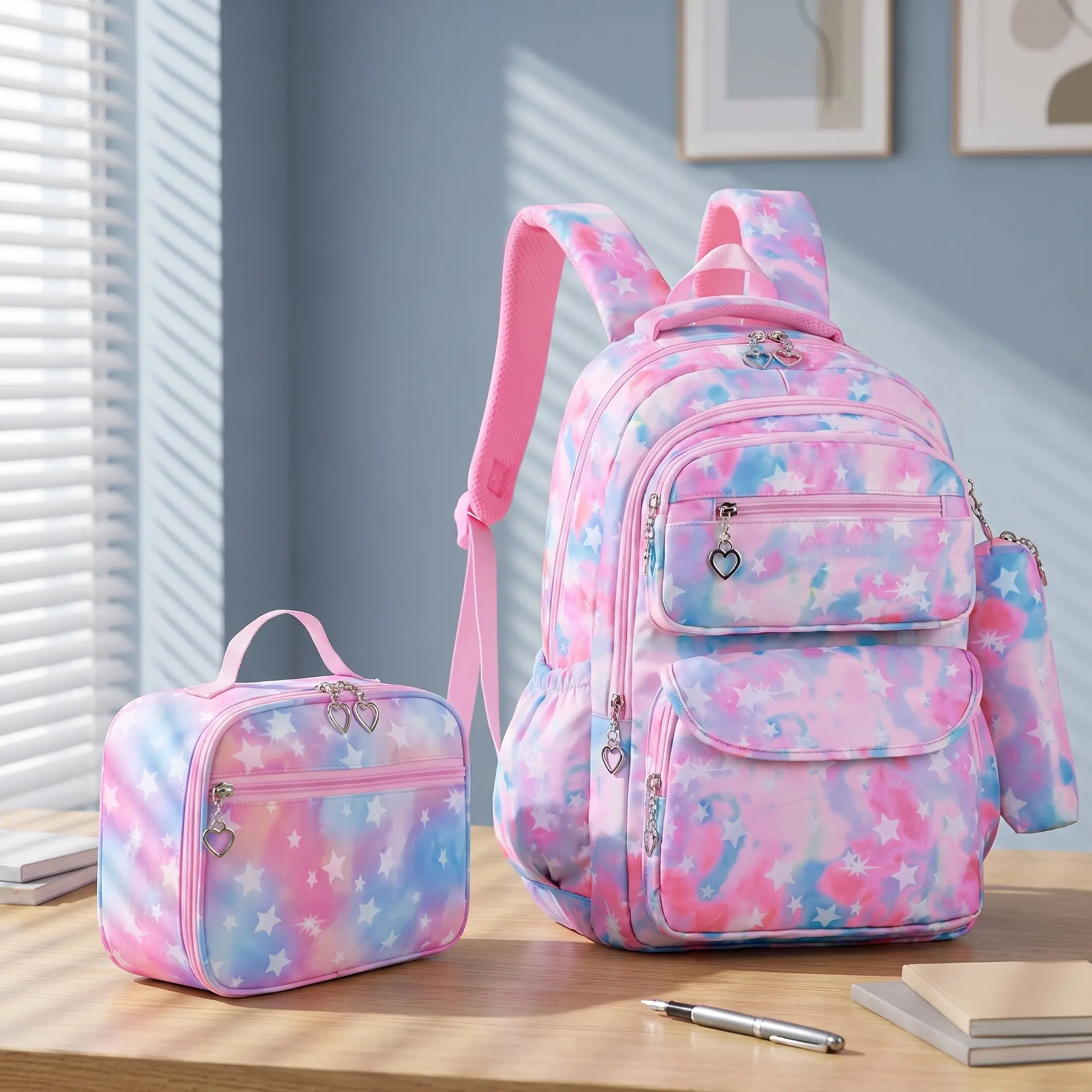 Cute Korean Style School Backpack for Girls Breathable Waterproof Ultra Light Oxford Three Piece Set Star Print for Grades Air Cushion Straps