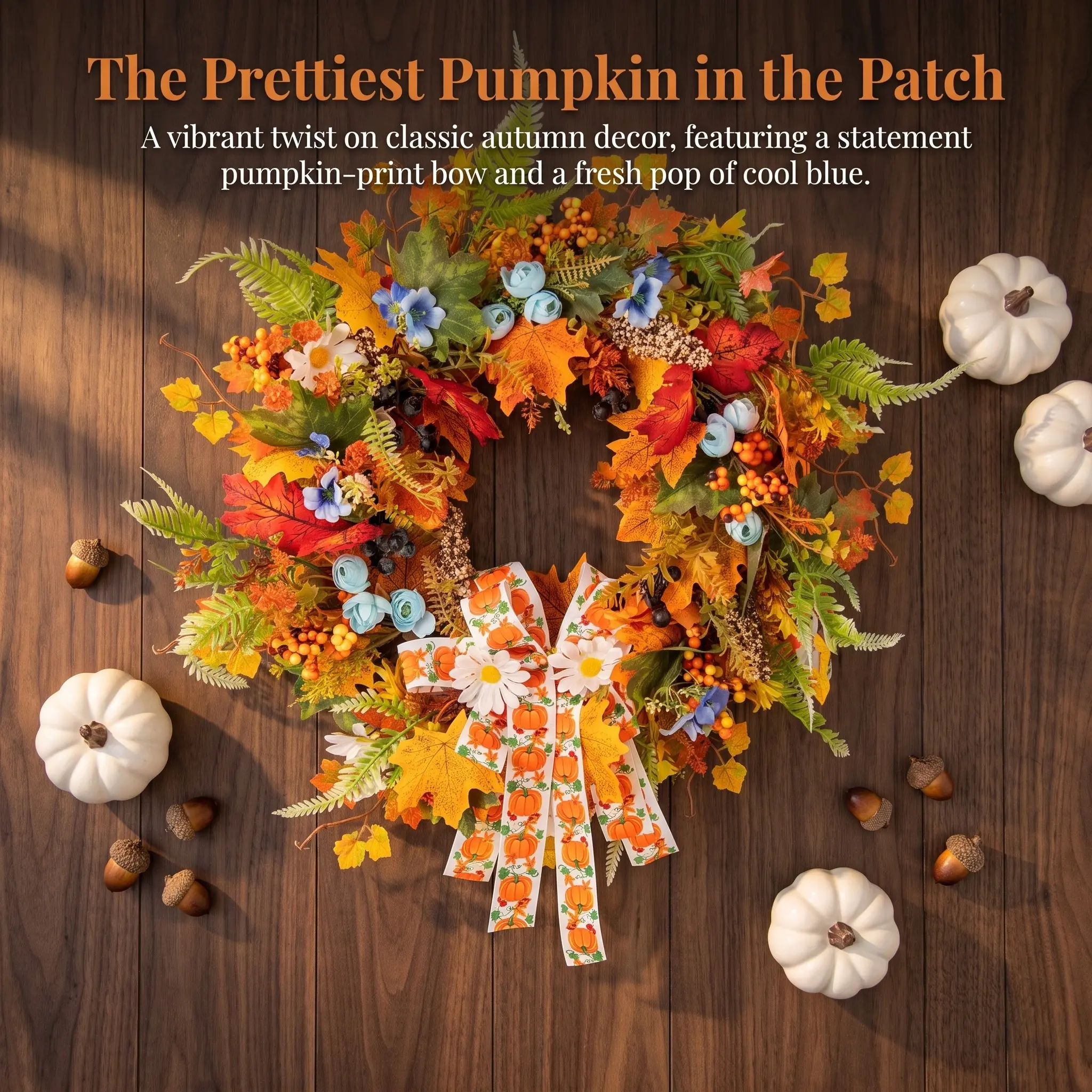 Autumn Maple Leaf Pumpkin Wreath, American Country Style, Berry Daisy Print Ribbon, Front Door Thanksgiving Fall Decorations