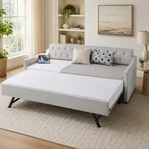 Twin Daybed with Trundle, Beige Linen Blend, Button Tufted, Mid-Century, USB Port, 300 lbs Capacity, No Mattress