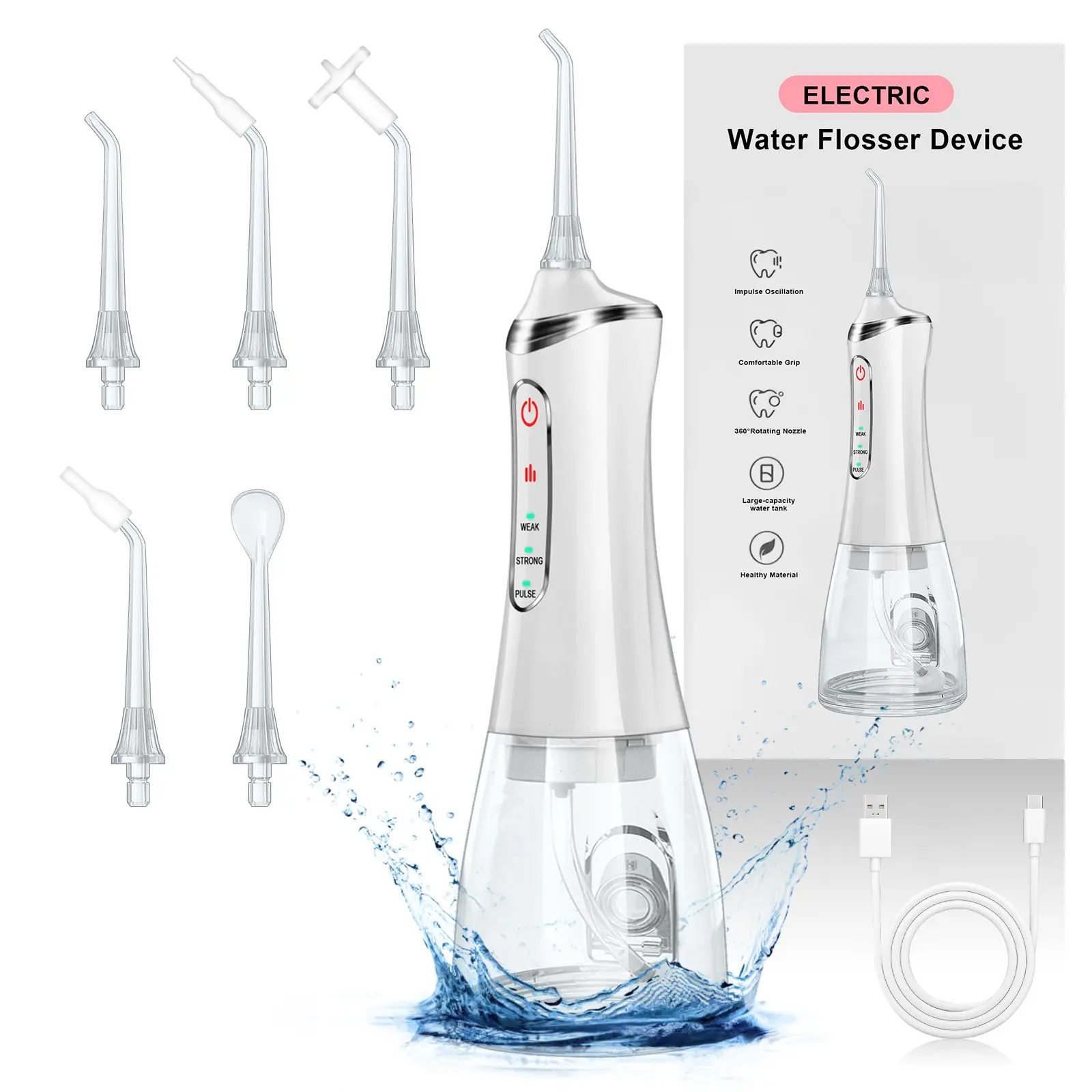 Portable Electric Water Flosser, Rechargeable Oral Irrigator, 3 Modes Teeth Cleaner, Detachable Tank, Multi-Nozzle Design, Daily Dental Care