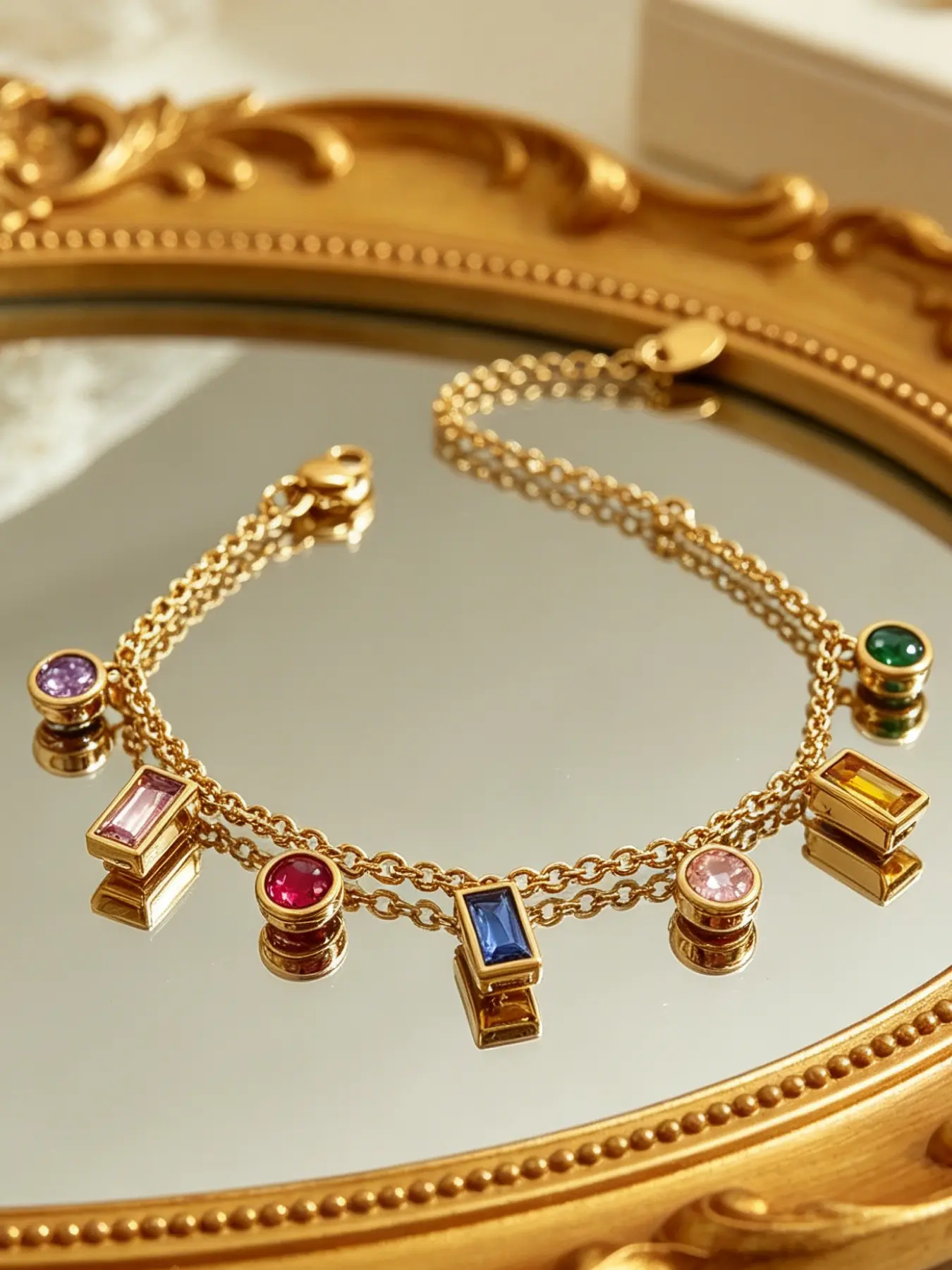 A vintage light luxury gold-plated gemstone bracelet with multiple colorful zircon pendants, featuring vibrant and eye-catching colors, suitable for various scenarios such as daily commuting, dating, and gatherings.
