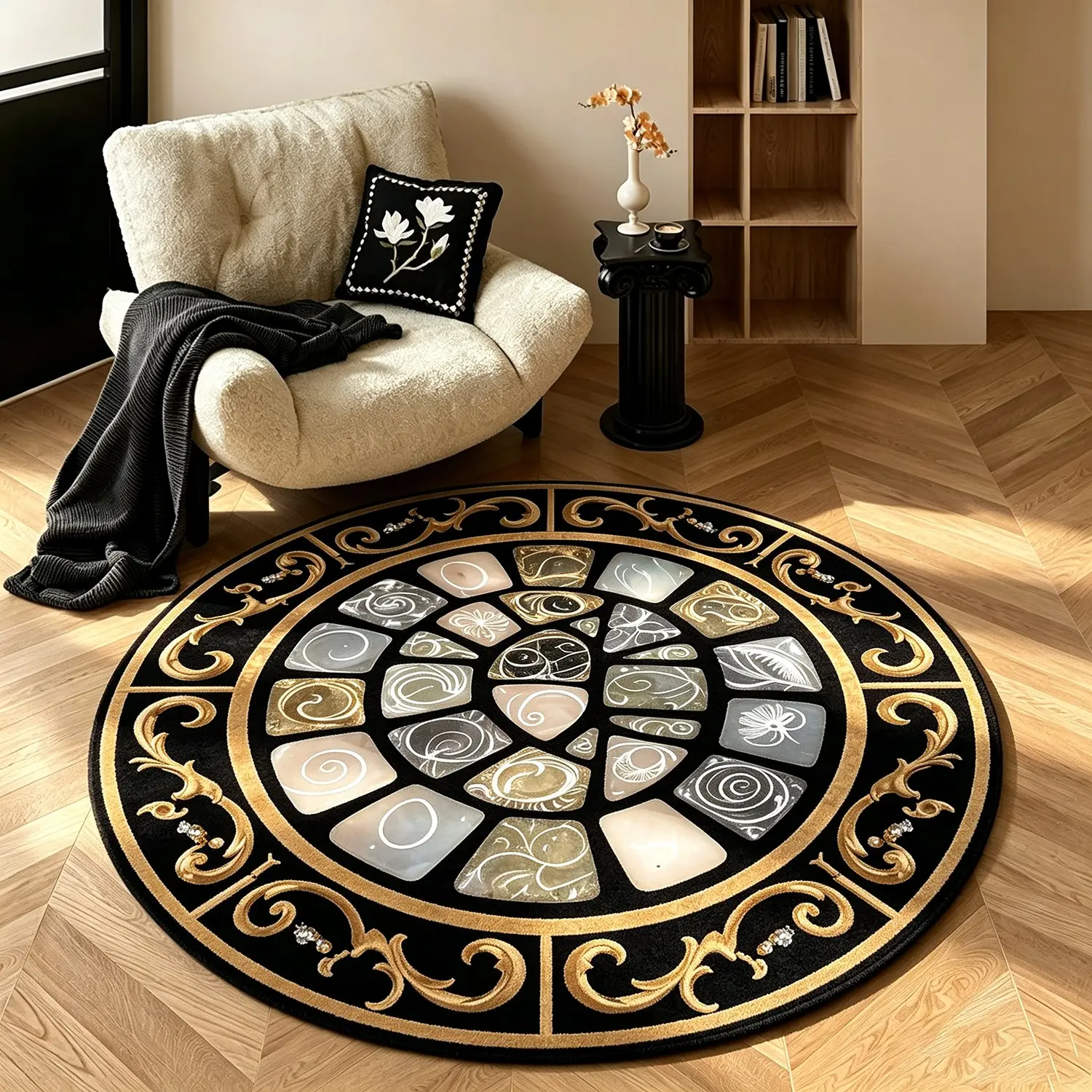 European Vintage Marble Pattern Round Living Room Rug, Creative Luxury Home Decor, Non-Slip Washable Carpet for Living Room, Bedroom, Sofa, Coffee Table