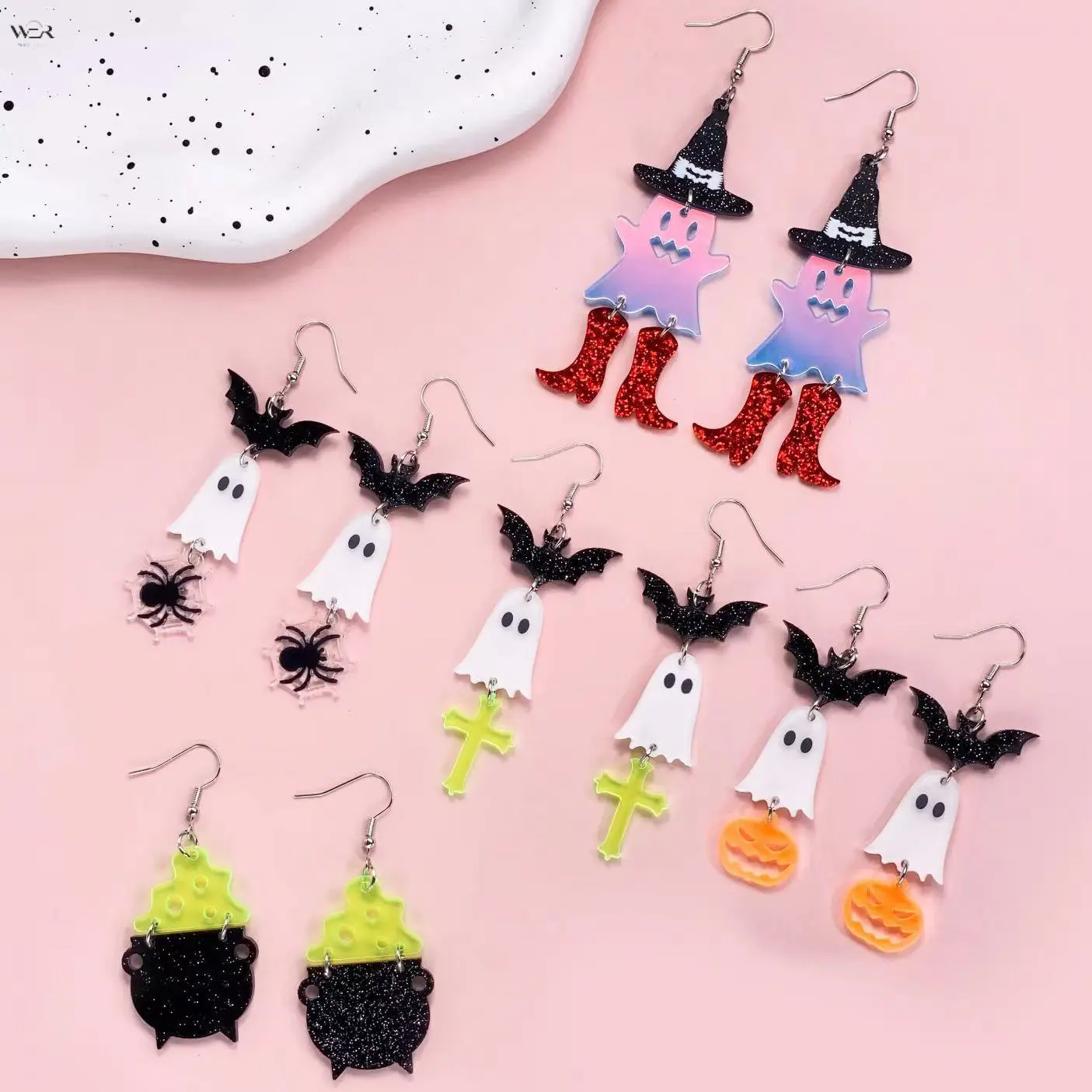 Halloween Acrylic Dangle Earrings for Women, Glitter Bat Ghost Pumpkin Spider Cross Witch Cauldron Drop Earrings, Spooky Holiday Costume Party Jewelry