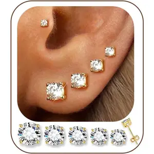 5 Pairs 14K Gold Plated Stud Earrings for Women, Hypoallergenic Earring Sets for Multiple Piercing, Premium Cubic Zirconia Studs Earrings for Women