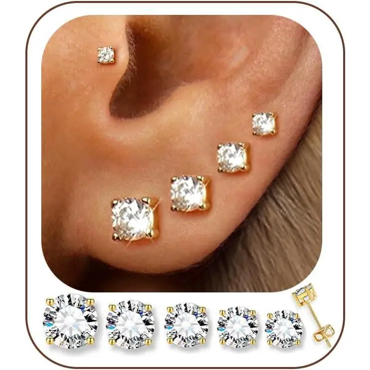 5 Pairs 14K Gold Plated Stud Earrings for Women, Hypoallergenic Earring Sets for Multiple Piercing, Premium Cubic Zirconia Studs Earrings for Women