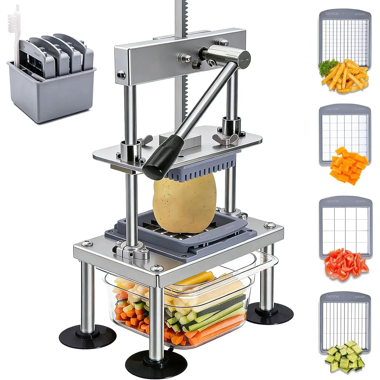 Stainless Steel French Fry Cutter - Kitchen Chopping Utensil for Potatoes, Tomatoes, Fruits, Home Cooking, 4 Replaceable Multiple Blades, 10x Labor-Saving Lever, Quick-Change Blade, Food Container Included