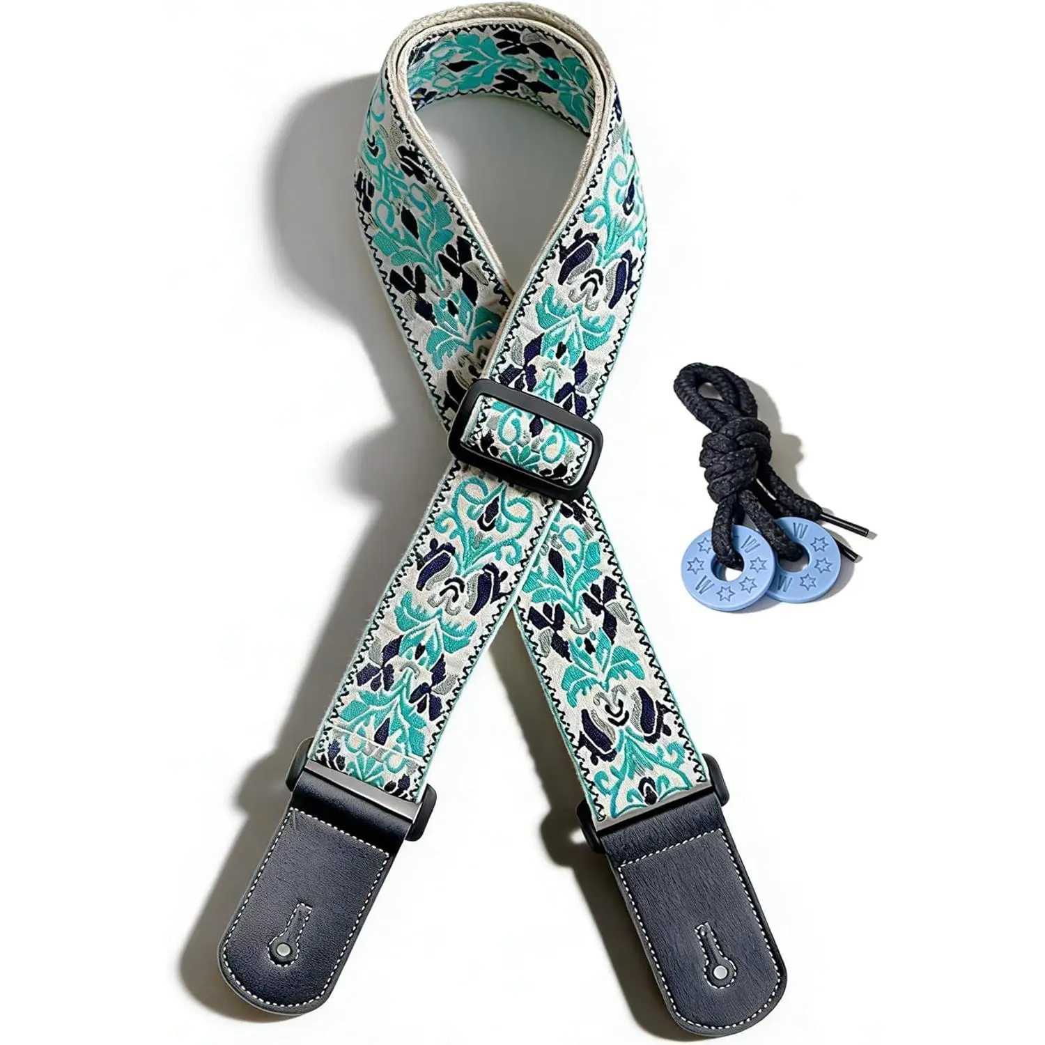 Guitar Strap, white-green classical jacquard embroidery  Guitar Strap with leather at both ends for bass, electric and acoustic guitars, comes with two strap anti-slip pads