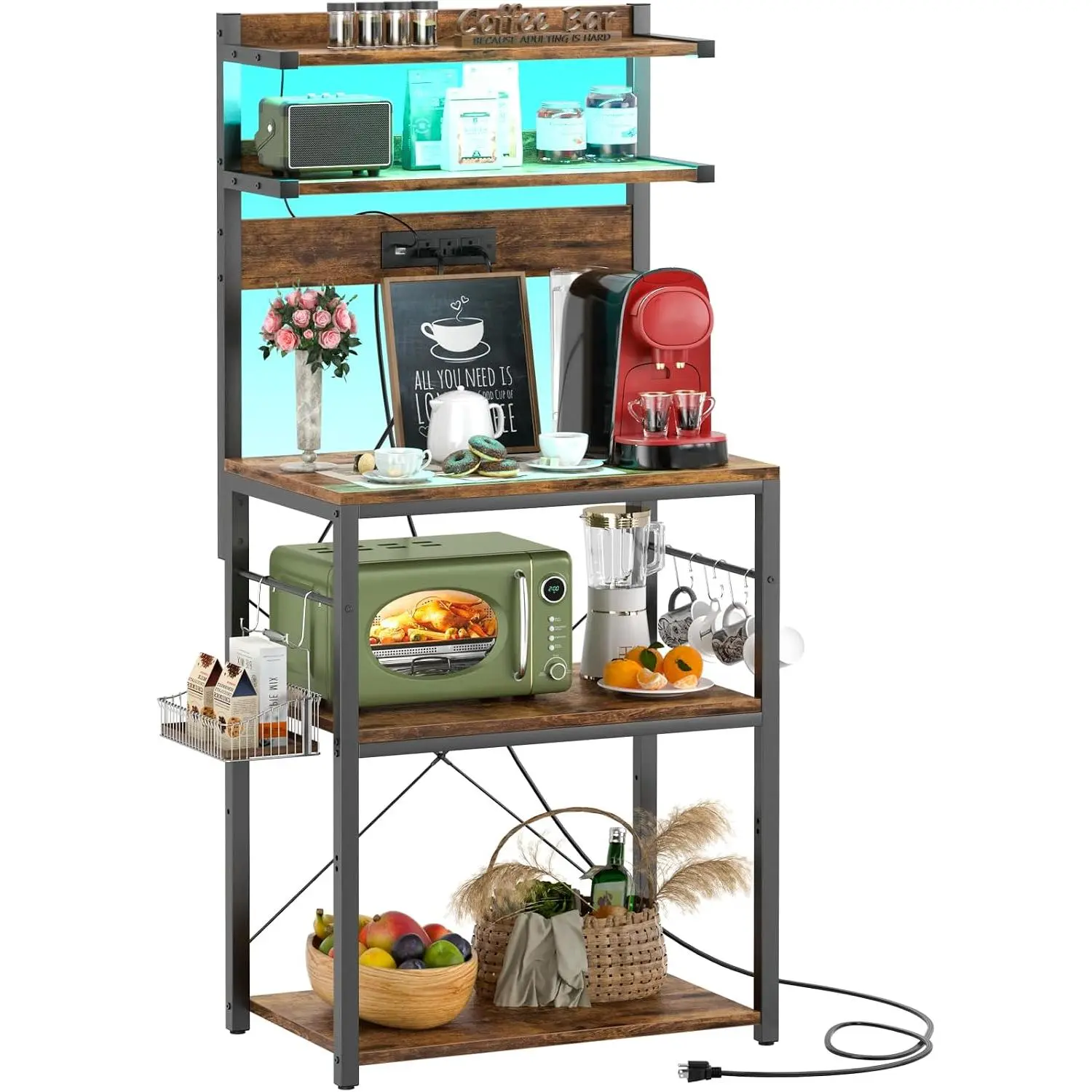 Bakers Rack with Power Outlet, Microwave Stand, 5 Tiers Coffee Bar Station with Led Lights, Kitchen Storage Shelf with 6 S-shaped Hooks, Kitchen Rack for Spices, Pots and Pans, Rustic Brown