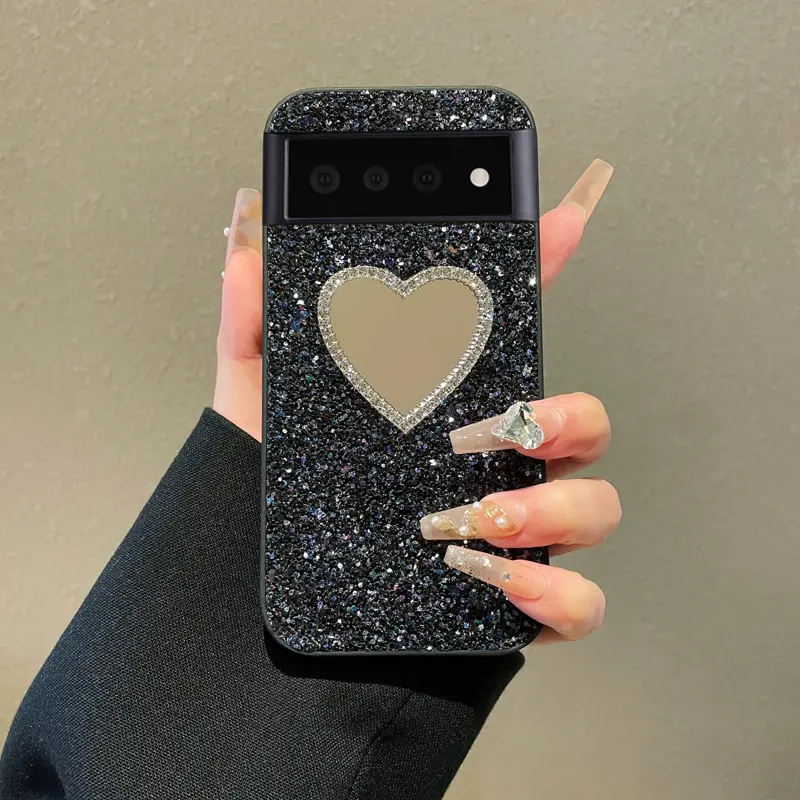 ompatible with Pixel 11 Pro XL, 10, 9, 8, 7, 6, Luxury Sparkling Glitter Heart Shape Shockproof Phone Case with Compact Makeup Mirror HNZ0399