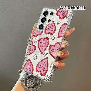 Groovy Pink Heart Face Doodle Print Magnetic Protective Case for SAMSUNG S26 ULTRA S25 S24 S23 S22,Vintage Vibes Shockproof,Aesthetic,Silicone,Lightweight,and Scratch Resistant