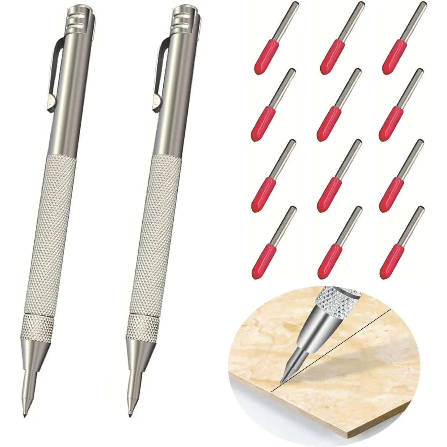 2 count Tungsten Carbide Tip Scriber With 12  Marking Tip, Aluminium  Carbide Scribe Tool Etching Pen With Clip, Metal Engraving Pen for Glass, Ceramics. Hardened Steel Metal Sheet.