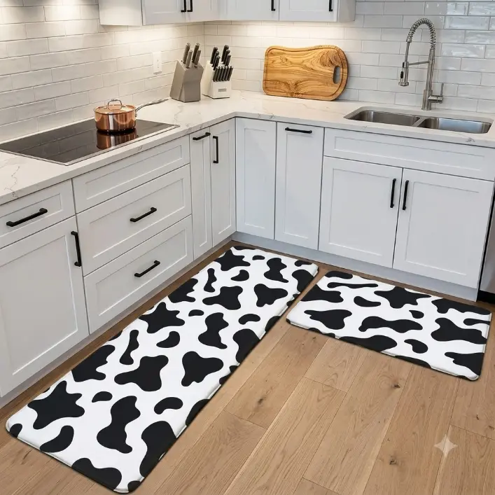 Cowhide Milk Cow Print Kitchen Rug Set 2 PCS Floor Mats Washable Non-Slip Soft Flannel Runner Rug Doormat Carpet for Floor Home Bathroom