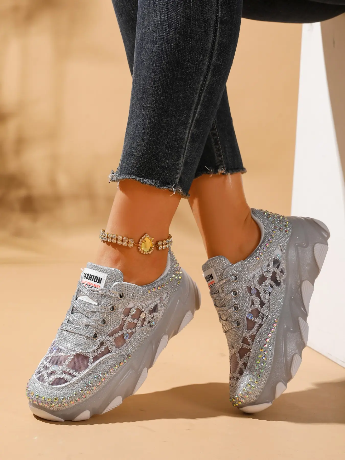 Women's Rhinestone Lace-Up Breathable Dad Shoes, Sparkly Thick Sole Platform Sneakers, Hollow Out Mesh Height-Boosting Casual Shoes