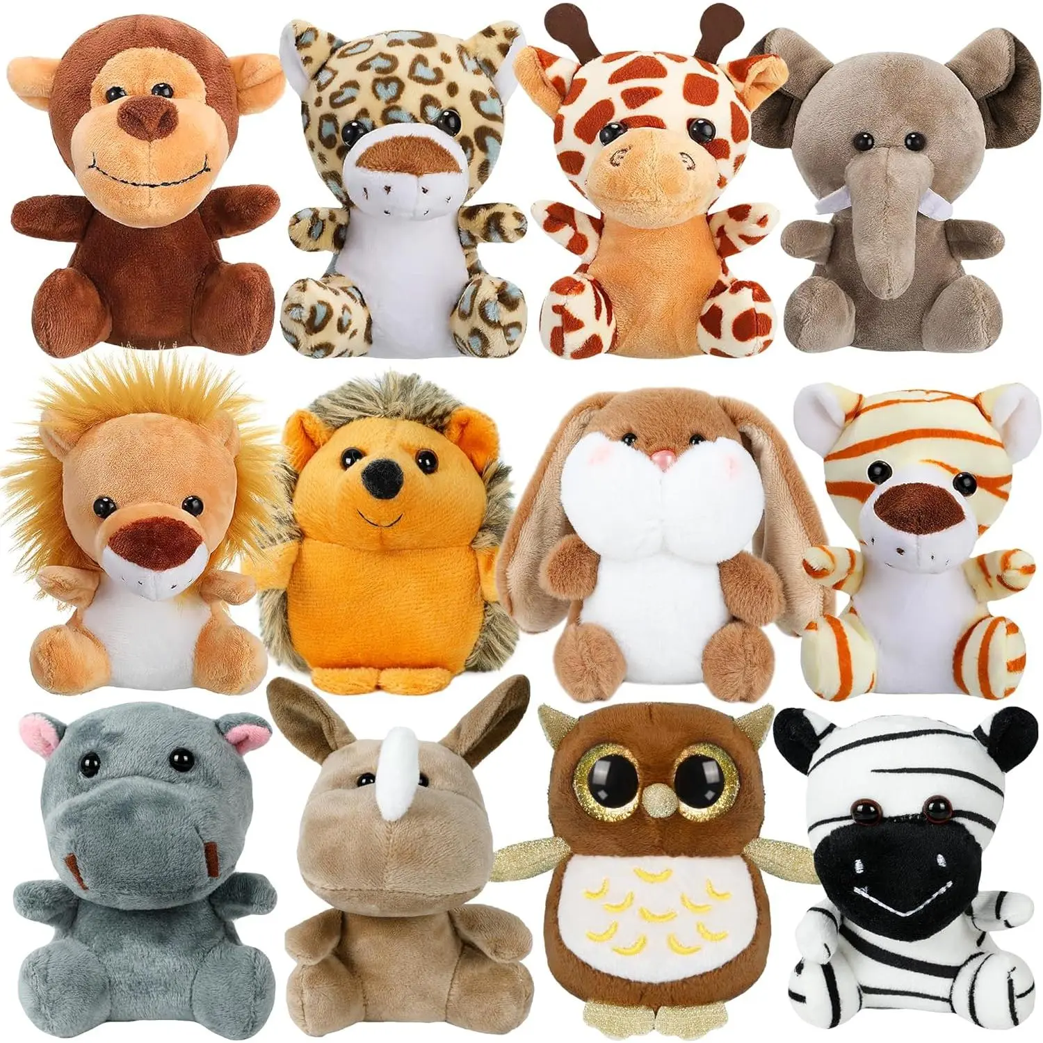 12-Piece Bulk Set 4.5in Small Plush Fabric Stuffed Animals, Mini Keychain Plushies, Classroom Treasure Box Toys, Carnival Claw Machine Prizes for Kids