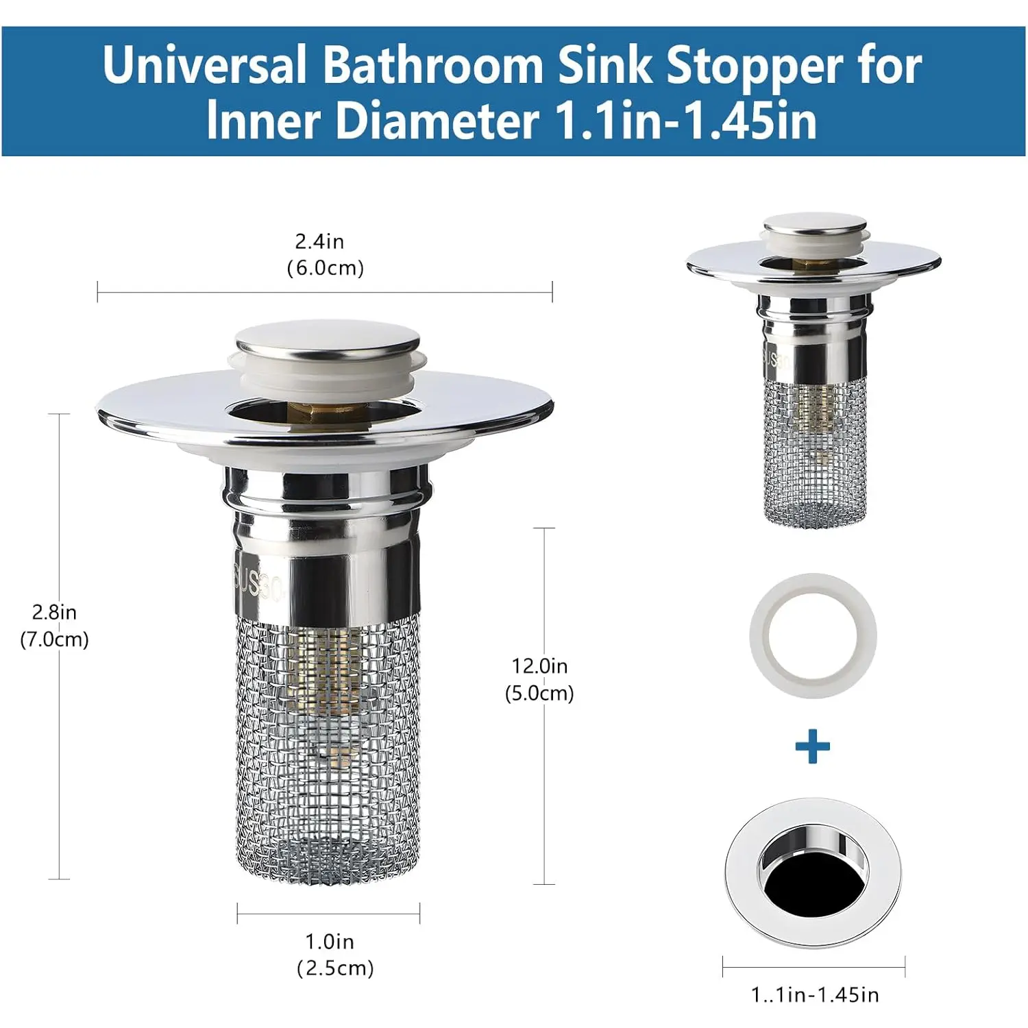 Pop-Up Bathroom Sink Drain Stopper with Removable Hair Catcher Basket, Stainless Steel Anti-Clog Wash Basin Drain Plug