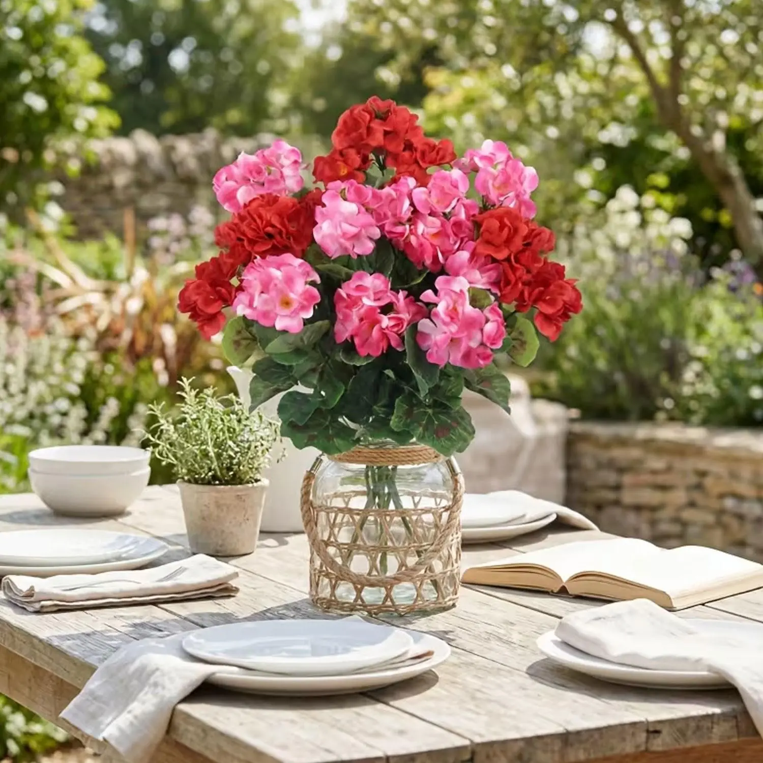 Ultraviolet-resistant simulated rose-pink blooming spring flowers, 6-bundle set of realistic artificial flower arrangements, suitable for wedding decoration, living room, garden windowsill, dining table, and outdoor scenes as decorative flowers.