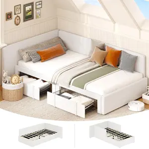 Twin Daybed with 2 Storage Drawers, Velvet Upholstered Corner Bed Frame with Extended Headboard, Velvet Upholstered Corner Sofa Bed with Extended Headboard & Guardrail, Adjustable Platform Bed for Bedroom, Guest Room