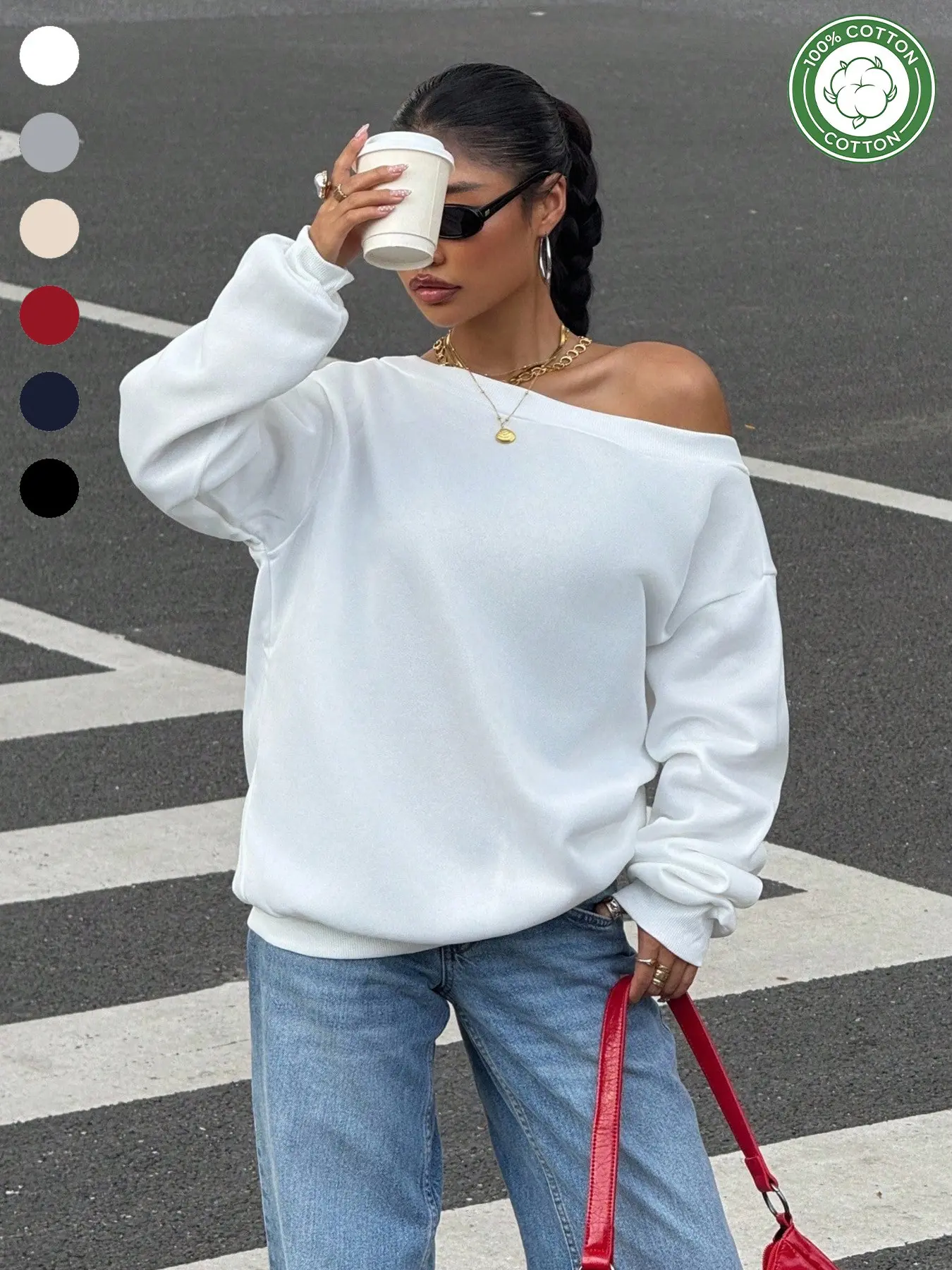 100% Cotton One-Shoulder Loose Sweatshirt, Asymmetrical Neck Long Sleeve Top, Plain Casual Y2K Streetwear, Six Colors Available