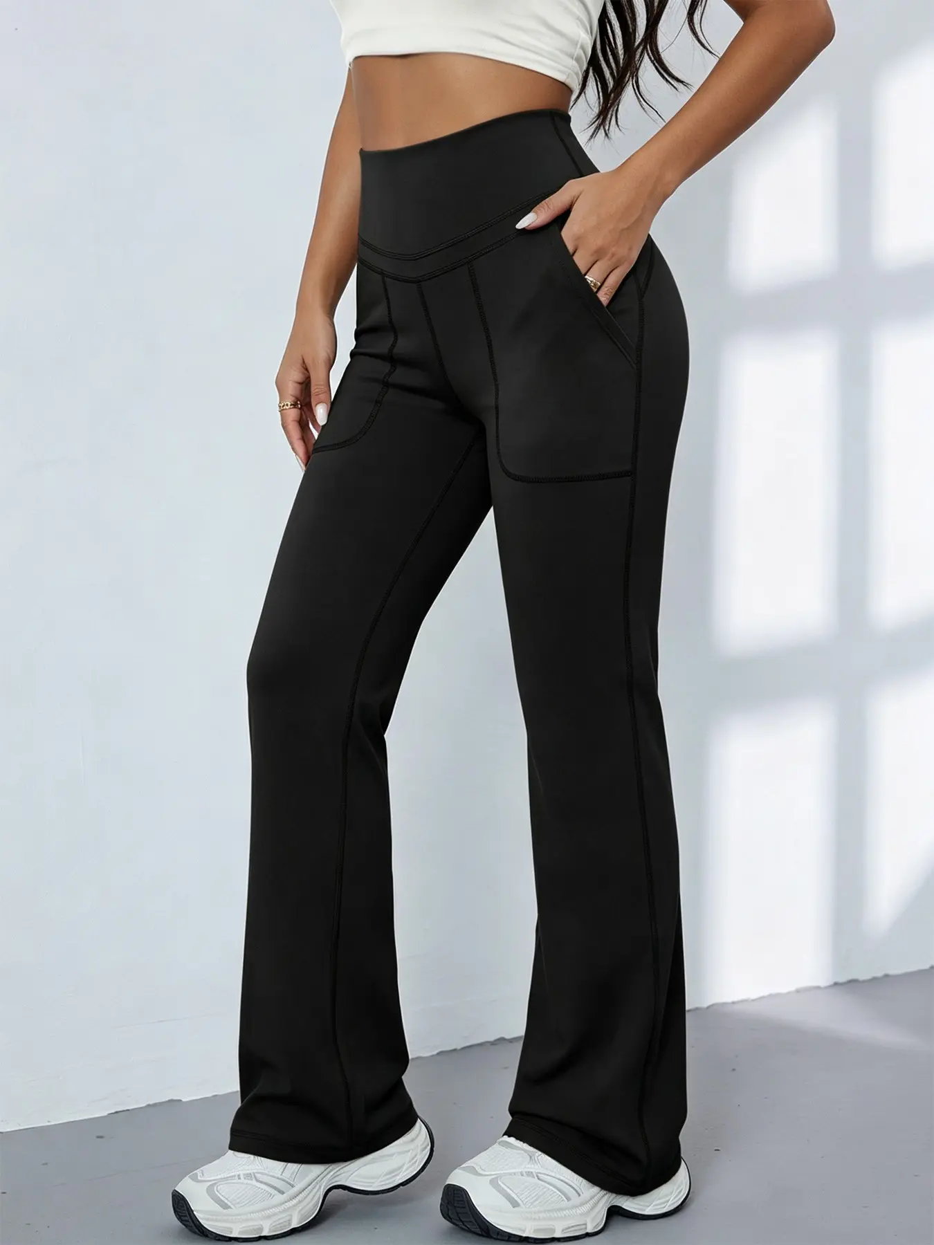 Women's High Waist Pocket Micro Flare Yoga Pants, Stretchy Soft Bell Fitness Pants, Casual Slim Fit Gym Workout Long Pants