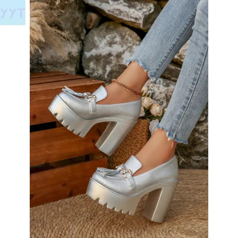 YYT1 Women's Fashion Elegant Classic Heels, Metal Decor Tassel Design, Stage Style Chunky Punk Heels, Comfortable Shoes, Platform Heel Pumps