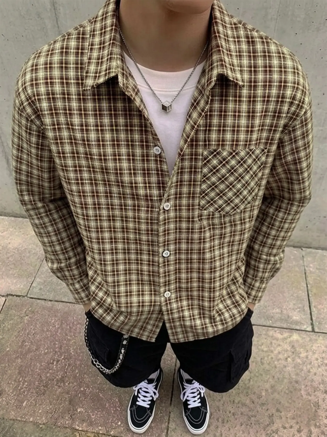 Men's Fall Winter Brown Yellow Plaid Long Sleeve Button Down Shirt, Classic Lapel Collar, Single Chest Patch Pocket, Full Button Front Closure, Loose Fit Soft Textured Casual Flannel Check Shirts for Daily Commute, Streetwear, Outdoor Walking, Shopping, C