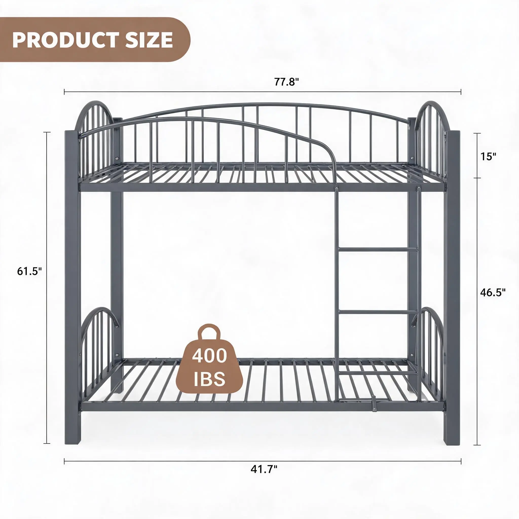 Space-Saving Heavy Duty Bunk Bed - Twin Over Twin Metal Frame - Arched Guardrail, Safety Ladder, Noise-Free - Ideal for Kids & Teens - No Box Spring Needed