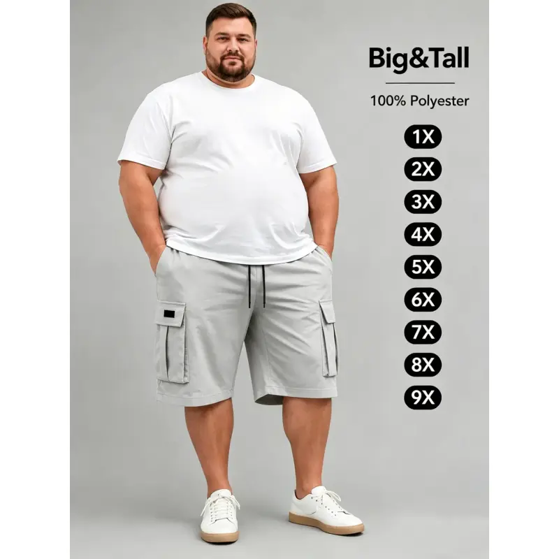 Oversized Relaxed Fit Big & Tall Customized Plain Polyester Men's Athleisure Casual Shorts - Elastic Comfy Breathable Drawstring Waist, Multi-Functional Side Pockets, Lightweight Durable, Sizes 1X-9X (Including 4XL,5XL) for Summer Daily Wear, Fishing, Fab