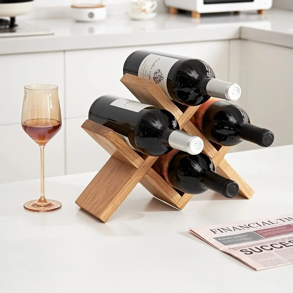 Rustic Wooden Wine Rack for Countertop, Free Standing Wine Bottle Holder, Farmhouse Wine Storage Display Rack & Small Kitchen Cabinet Organizer, No Assembly Required,  for Tabletop Hutch & Display Shelf,      Natural