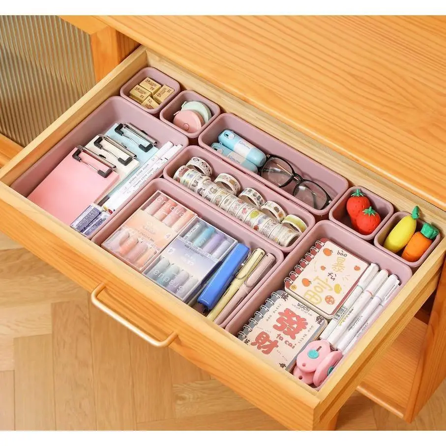 16 Pcs Plastic Drawer Divider Organizer Trays 3-Size Multi-purpose Storage Bins for Makeup Jewelry Kitchen Utensils Office Gadgets Bathroom Green&Purple