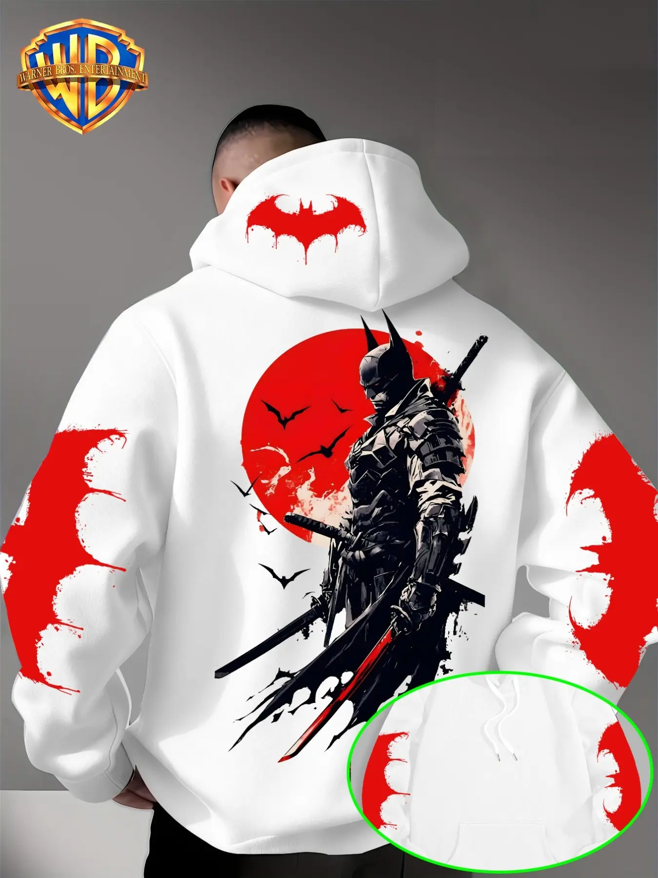 Wb Warner Bros. Men’s Ninja Batman Hoodie, Bold Moon Bat Print, Casual Fitted Pullover, Fall Winter Streetwear Top
