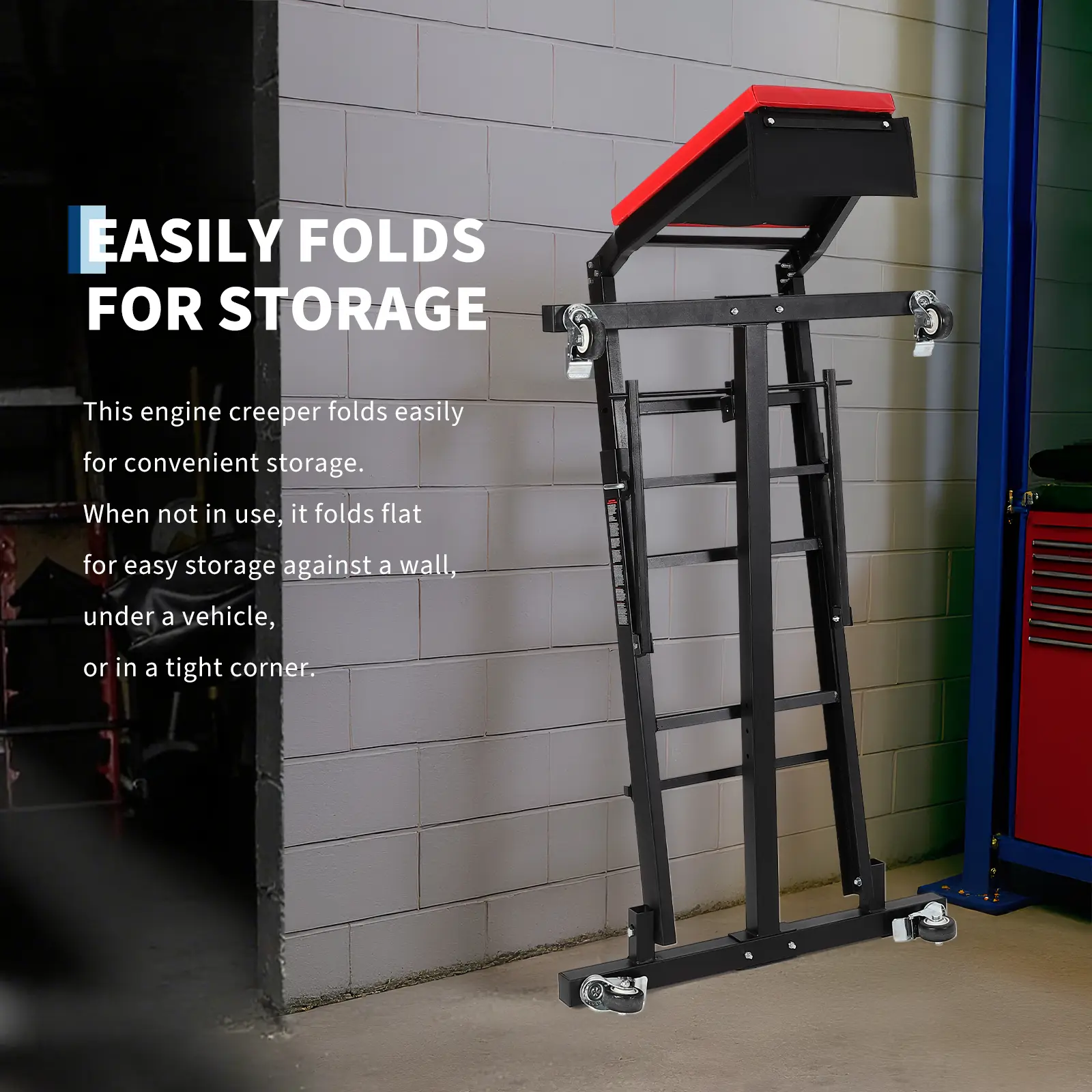 400 LBS Capacity Topside Engine Creeper – Adjustable Height 45"-66" – Heavy Duty Collapsible Mechanic Creeper with 4 Brake Wheels and Padded Red Deck – Black Frame – Basic Model