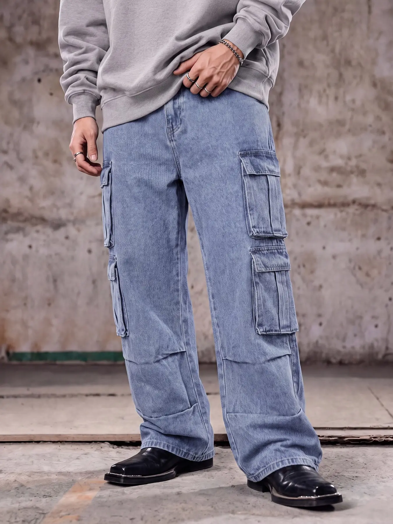 Men's Baggy Cargo Jeans, Vintage Blue Multi-Pocket Pants, Y2K Streetwear Style, Loose-Fitting, Mid Waist, All Seasons