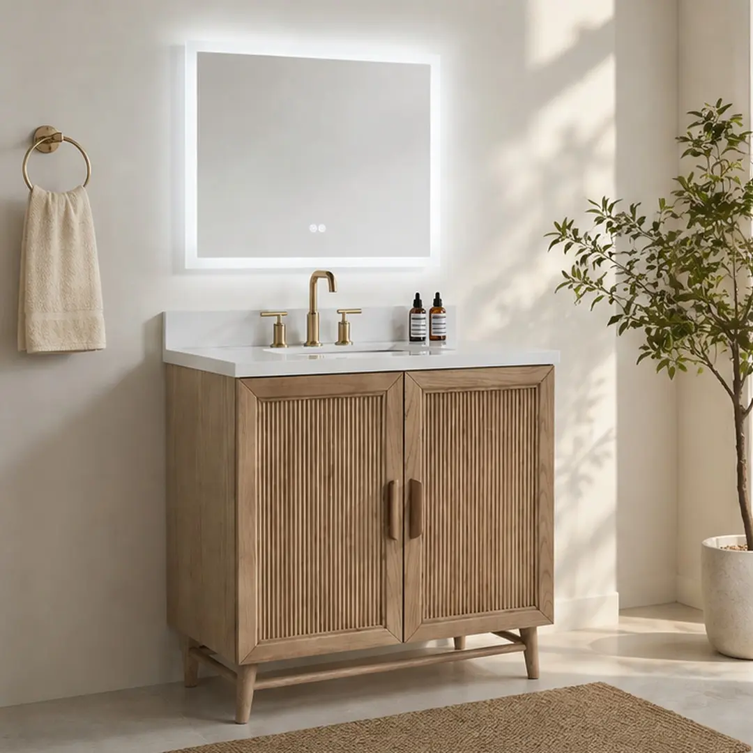 ARCH 36-Inch Light Coffee Freestanding Single Sink Bathroom Vanity - Solid Wood Cabinet, Engineered White Marble Top, Countertop, Backsplash, Soft-Close Dovetail Drawers, Hardware Set, Fully Assembled Modern Storage Cupboard, Backsplash Bathroom, Bathroom