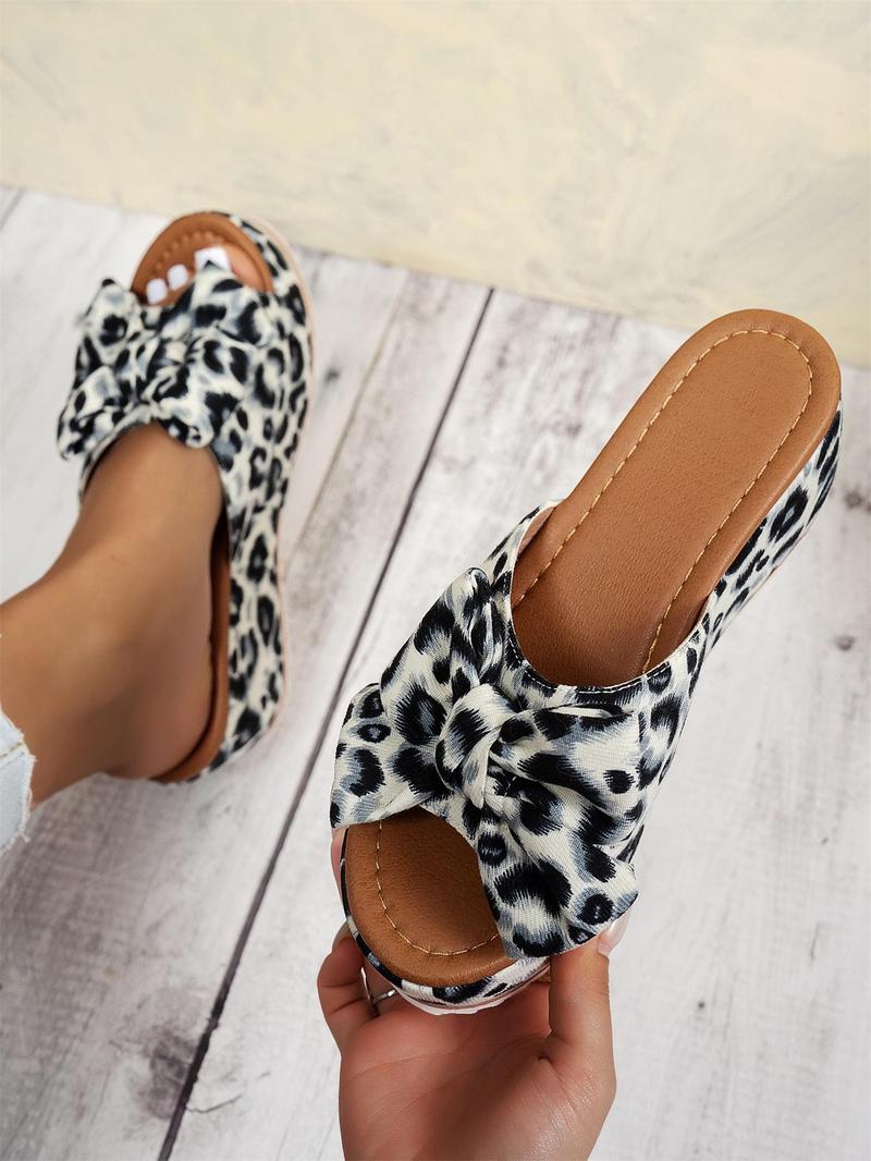 Women's Cute Bowknot Leopard Print Wedge Sandals, Casual Fashion Slip-On Wedges, Summer Trendy Shoes, Beach Daily Wear, Bow Decor Sandals