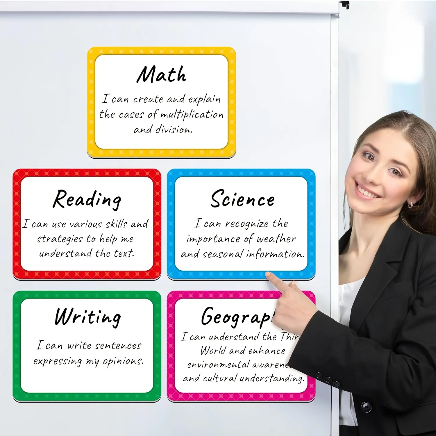 5 large magnetic refrigerator sticker labels in five bright colors. Each magnetic sticker provides sufficient space for writing notes, scheduling, reminders, or lists. Very suitable for color coding tasks