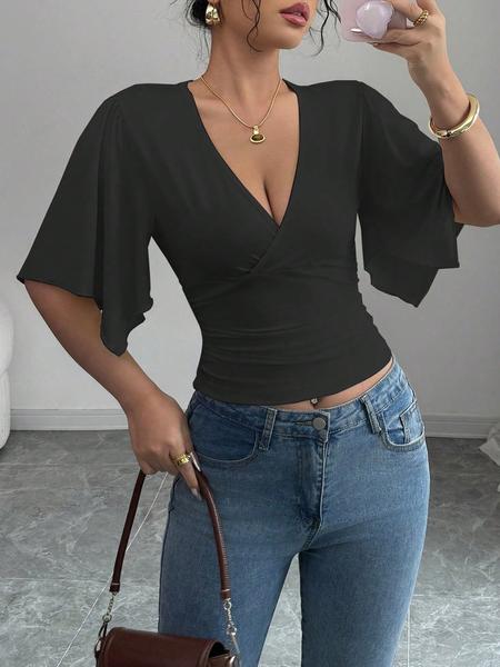 Women's Asymmetric Hem Crop Top with Ruffled Design, Casual Short Sleeve Hollow Out Blouse for Vacation Style, Trendy Summer Wear