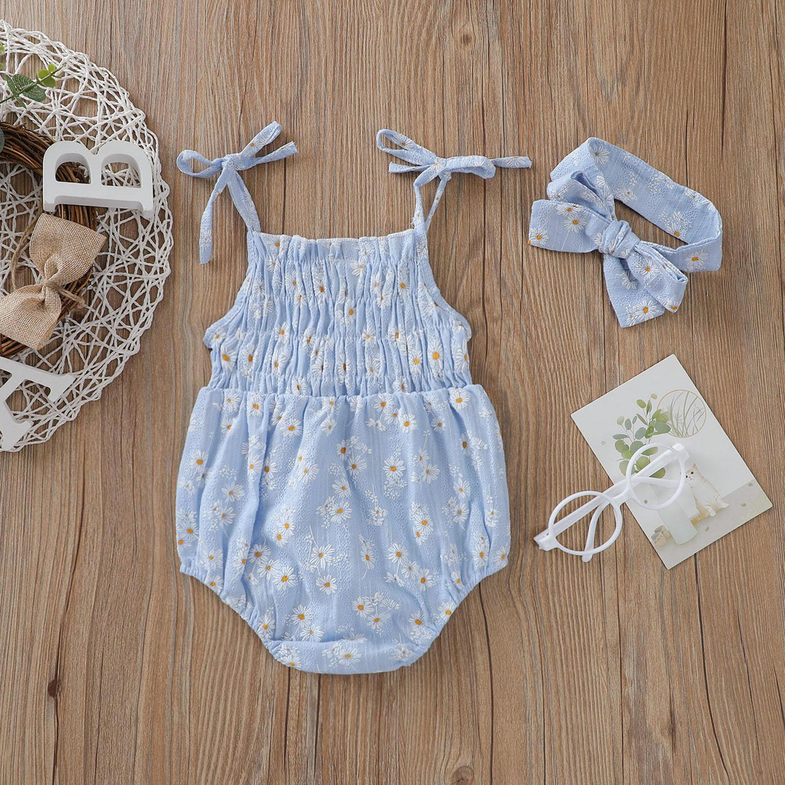 Newborn Baby Girl Bodysuit Sleeveless Daisy Pattern Halter Frill Romper  Jumpsuit with Headband Summer Clothes Set