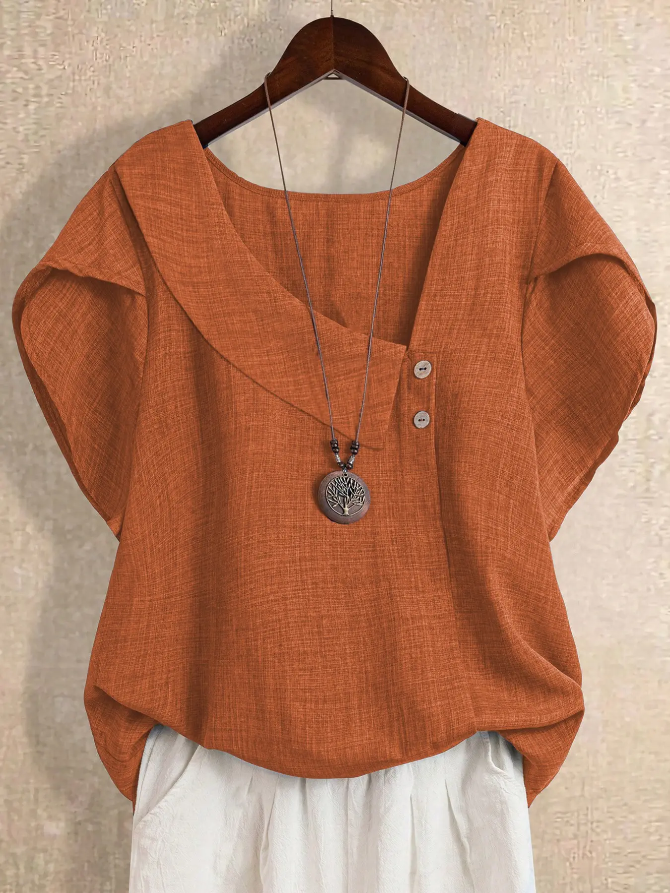 Women's Asymmetrical Neck Linen Shirt, Casual Loose Short Sleeve V-Neck Top, Elegant Lightweight Solid Summer Clothes