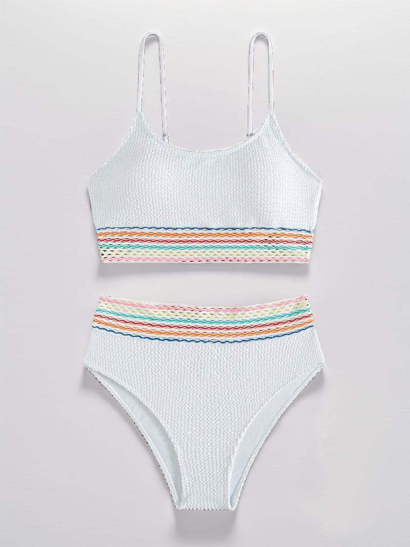 Two-Piece Set Women's Sexy Textured Contrast Chevron Tape Swimsuit Set, Summer Clothes Women, Ribbed Bikini Top & High Waisted Swimwear, Summer Outfits 2024, Women's Swimsuit for Beach Vacation Holiday