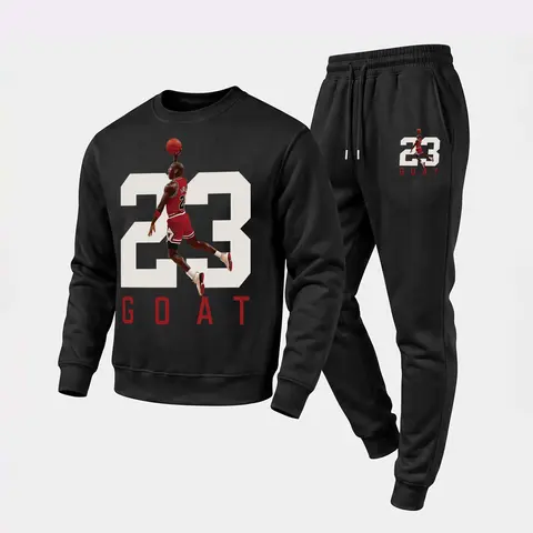 Men's Basketball 23 Graphic Crewneck Sweatshirt and Jogger Pants Set, Casual Long Sleeve Pullover with Drawstring Sweatpants, Fall Winter Tracksuit for Daily Wear, Travel, Lounge, Workout and Indoor Outdoor Activities