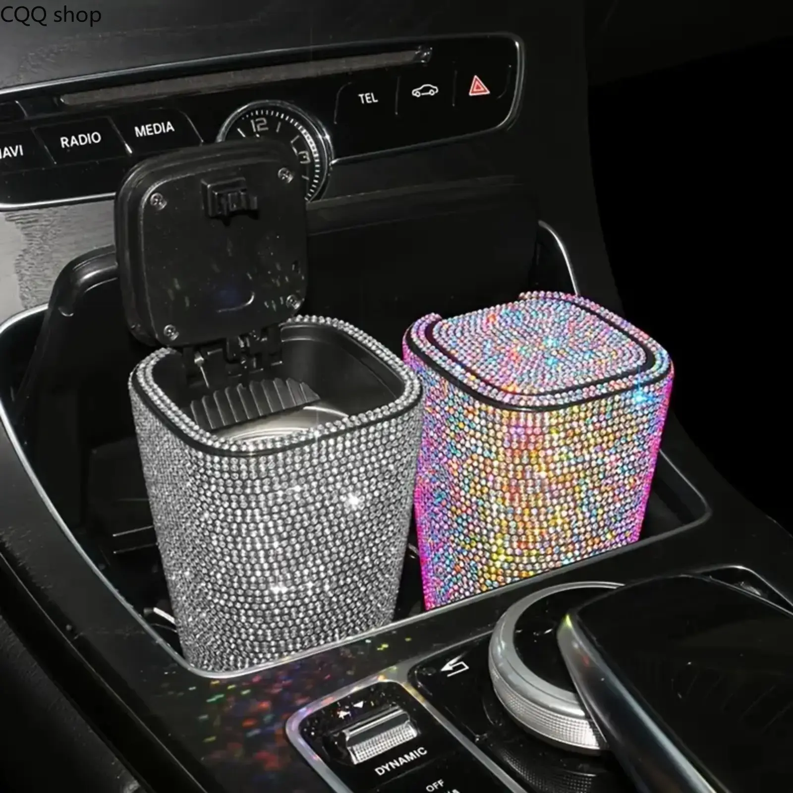 Mini Car Trash Can with Lid, Bling Diamond-Studded Design, Windproof & Odor-Proof, Easy Detachable & Cleanable Small Garbage Bin, Universal for Vehicle Auto, Home, Office & Outdoor Use, Cute Sparkling Car Interior Accessories for Women, Car Console Organi