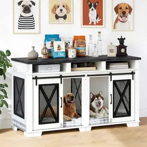 71" Double Dog Crate Furniture with Sliding Barn Door Heavy Duty Wooden Pet Kennel TV Stand Media Console with 3 Storage Drawers Removable Divider Extra Large Dog House Cage Indoor End Table Side Table for 2 Medium Large Dogs P2 Wood Steel