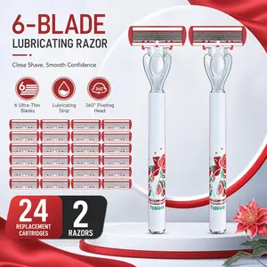 Traditional Floral Six-Layer Manual Razor Set, Includes 2 Print Racks + 24 Replacement Blades, Sharp Ultra-Thin Blades, Lubricating Strip Included