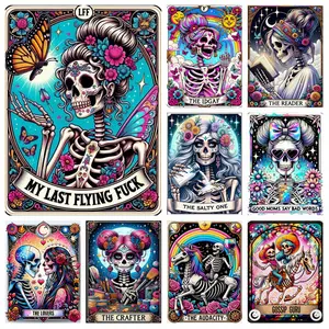 Spooky Halloween Skeleton Tarot Diamond Painting Kit, Gothic Colorful Lady Floral Butterfly Rainbow 5D Full Round Square Drills Diamond Art, DIY Halloween Wall Decor Craft Gift